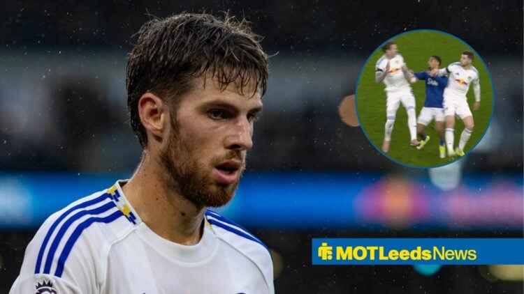 Anton Stach looking towards a circle inset of Anton Stach playing for Leeds United against Everton