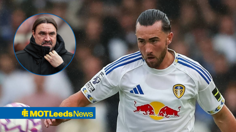 Jack Harrison with his head down alongside a circle inset of Daniel Farke.