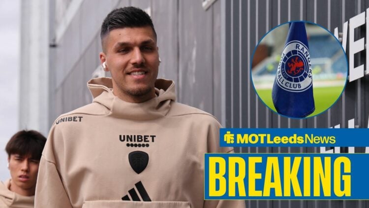 Joel Piroe entering Elland Road, with a Rangers corner flag in a circular frame inset