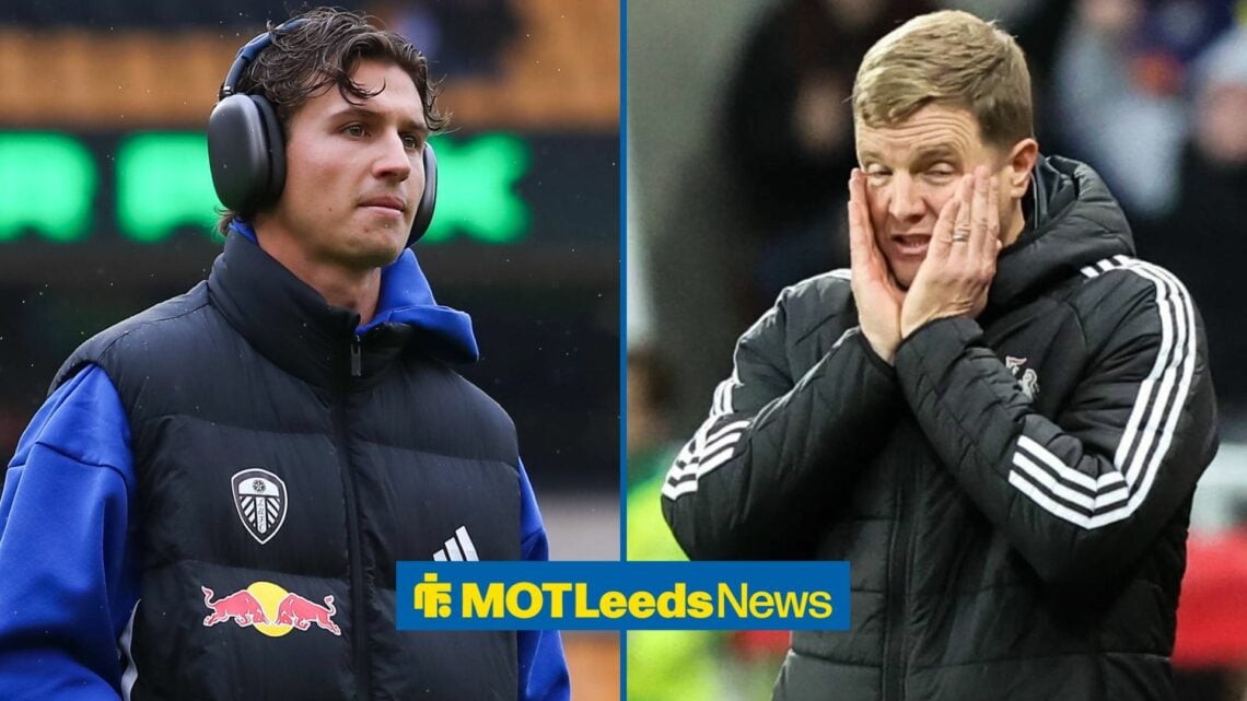 Brenden Aaronson with Eddie Howe looking shocked.