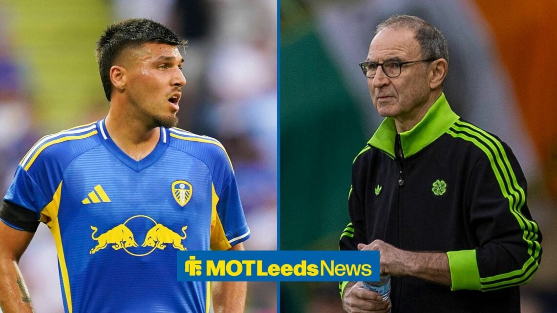 Joel Piroe in Leeds away shirt with Martin O'Neill