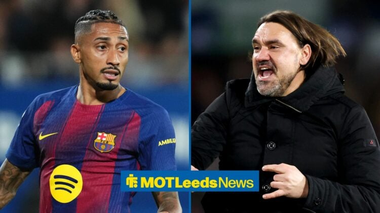 Daniel Farke celebrating in the direction of Barcelona's Raphinha.