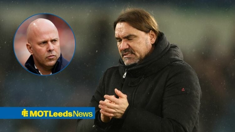 Leeds United boss Daniel Farke looking angry, Arne Slot in inset.