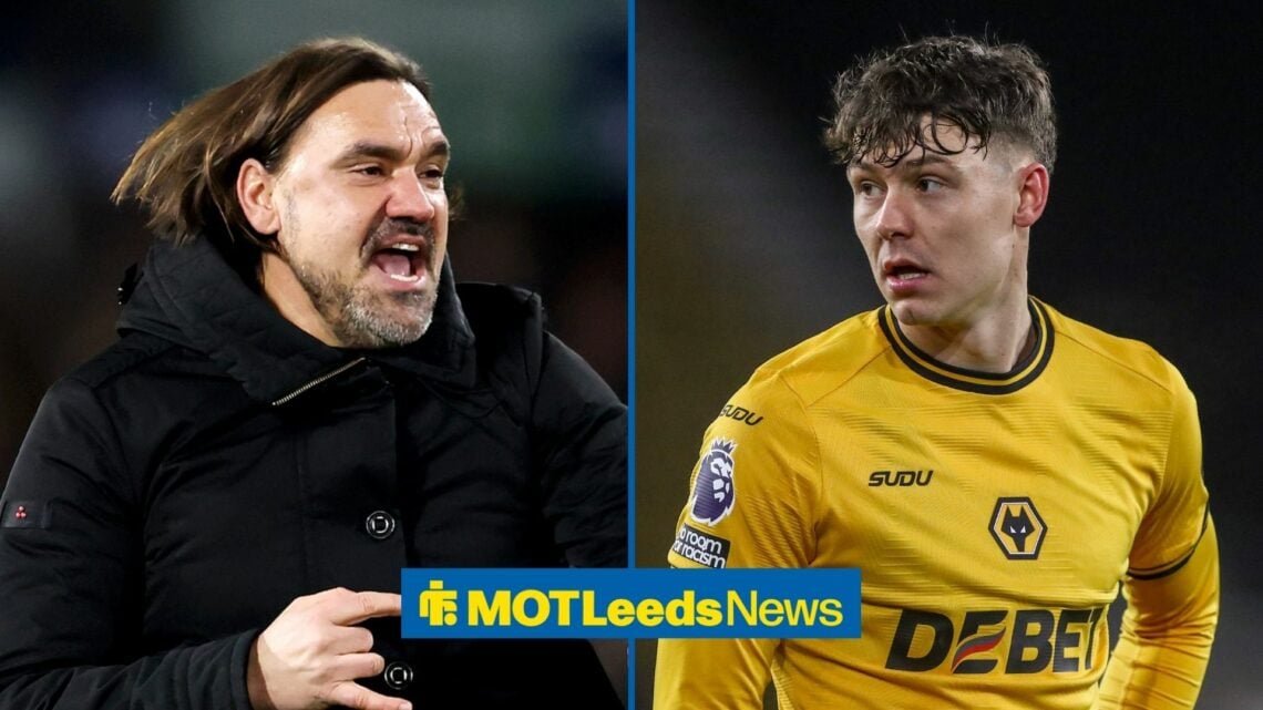 Leeds United boss Daniel Farke and Jorgen Strand Larsen.