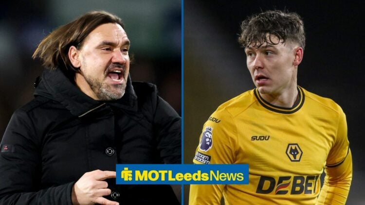 Leeds United boss Daniel Farke and Jorgen Strand Larsen.