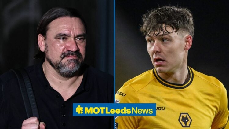 Leeds United boss Daniel Farke smiling, Jorgen Strand Larsen looking concerned.