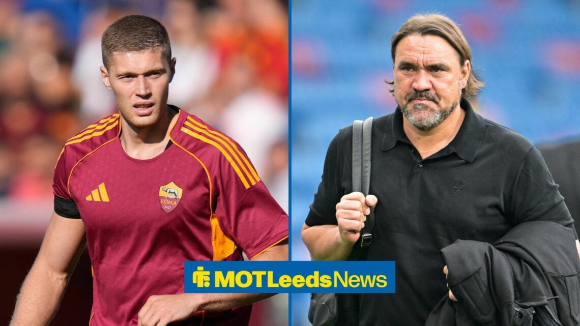 Artem Dovbyk playing for Roma opposite Daniel Farke carrying a coat and backpack