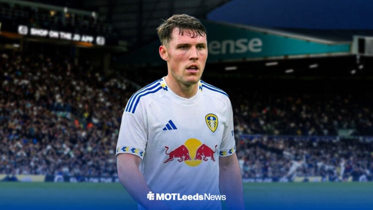 Josh Mulligan in a Leeds top in front of Elland Road.