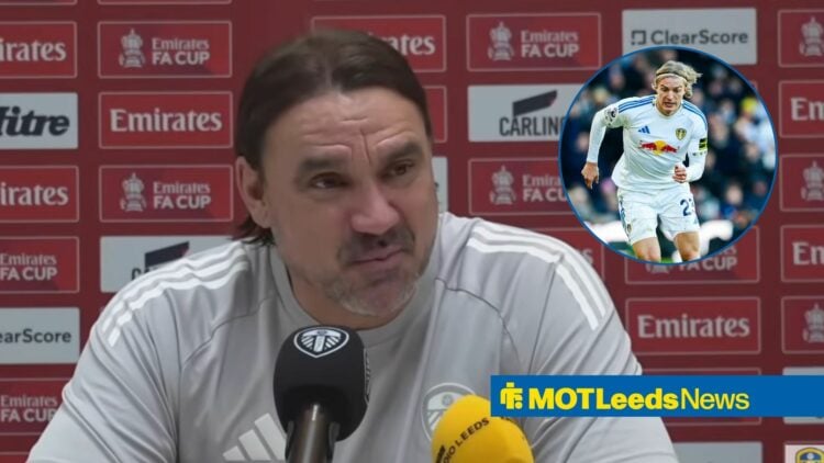 Daniel Farke speaking at a press conference, with Sebastiaan Bornauw in a circular frame inset