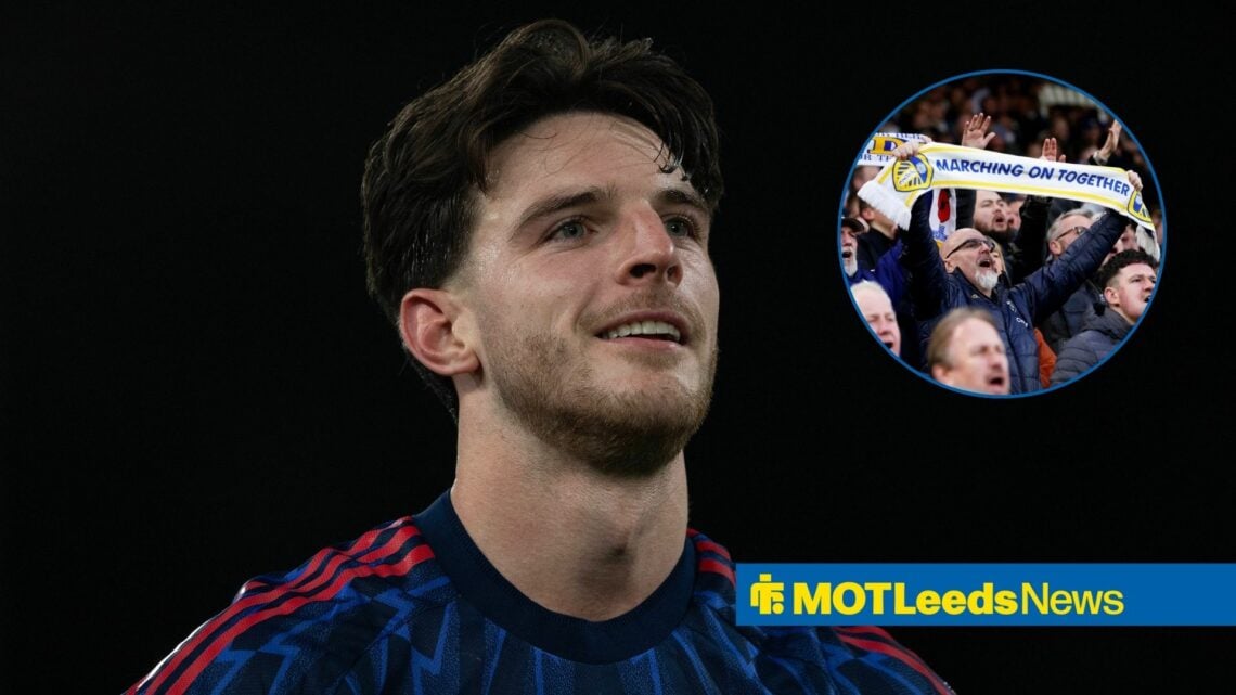 Declan Rice, with Leeds fans in a circular frame inset