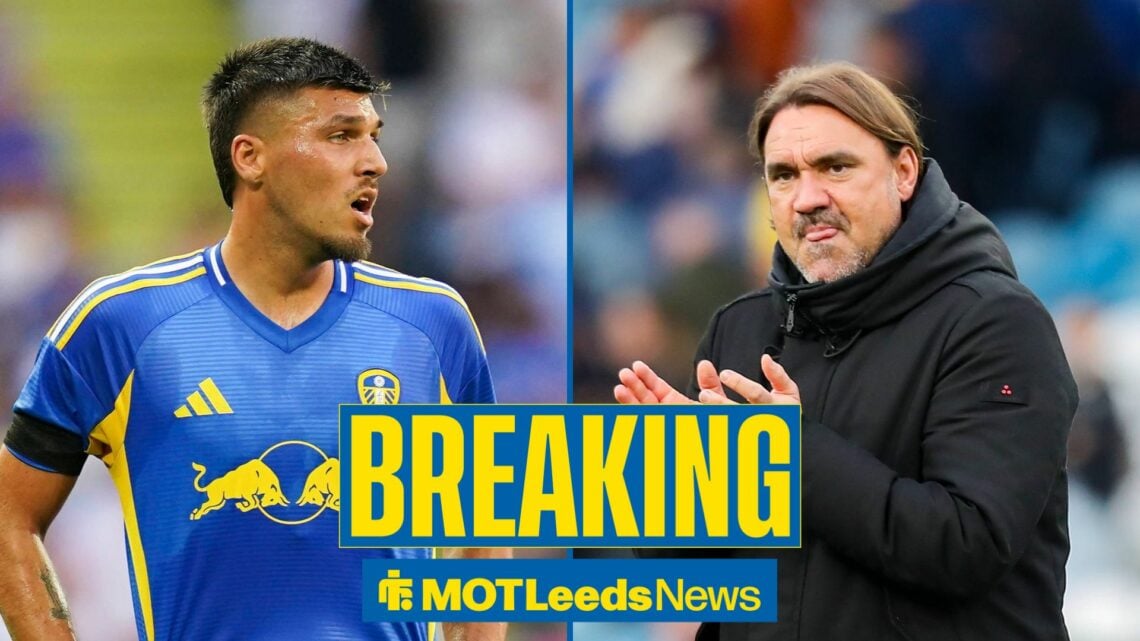 A split image of Leeds' Joel Piroe and Daniel Farke