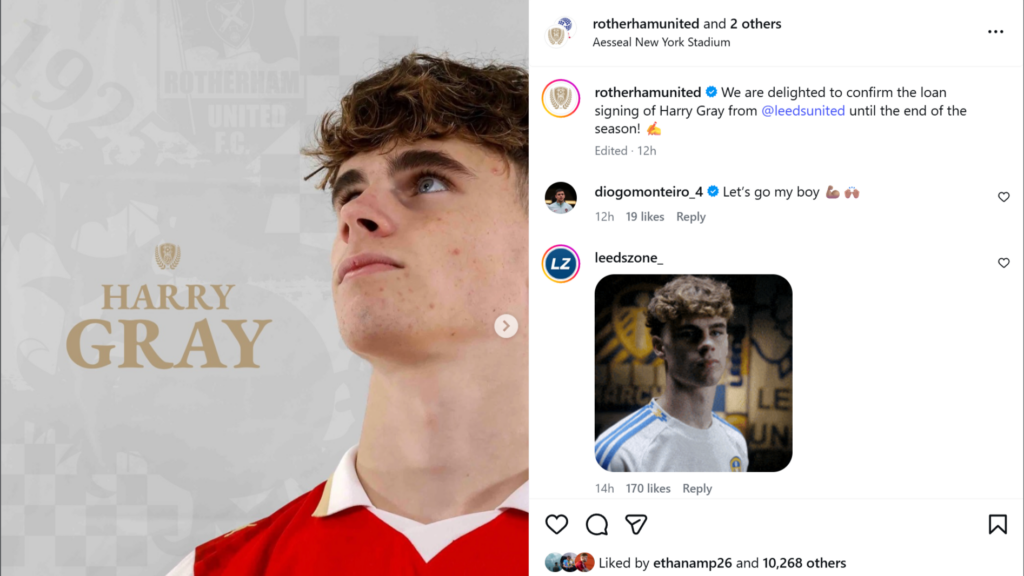 Rotherham announced Harry Gray's arrival on Instagram