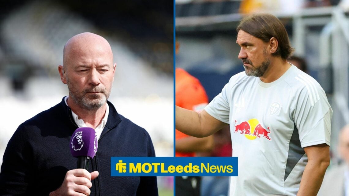 A split image of Alan Shearer and Leeds boss Daniel Farke