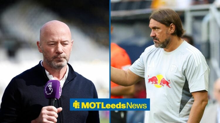 A split image of Alan Shearer and Leeds boss Daniel Farke