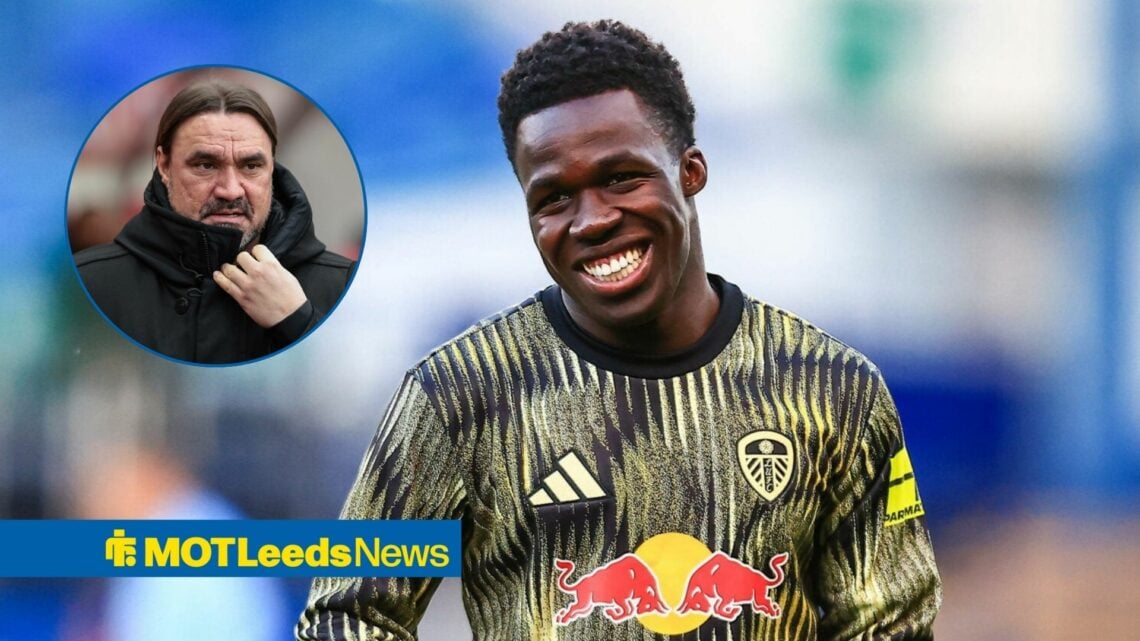 Leeds star Wilfried Gnonto smiling, Daniel Farke upset in inset.