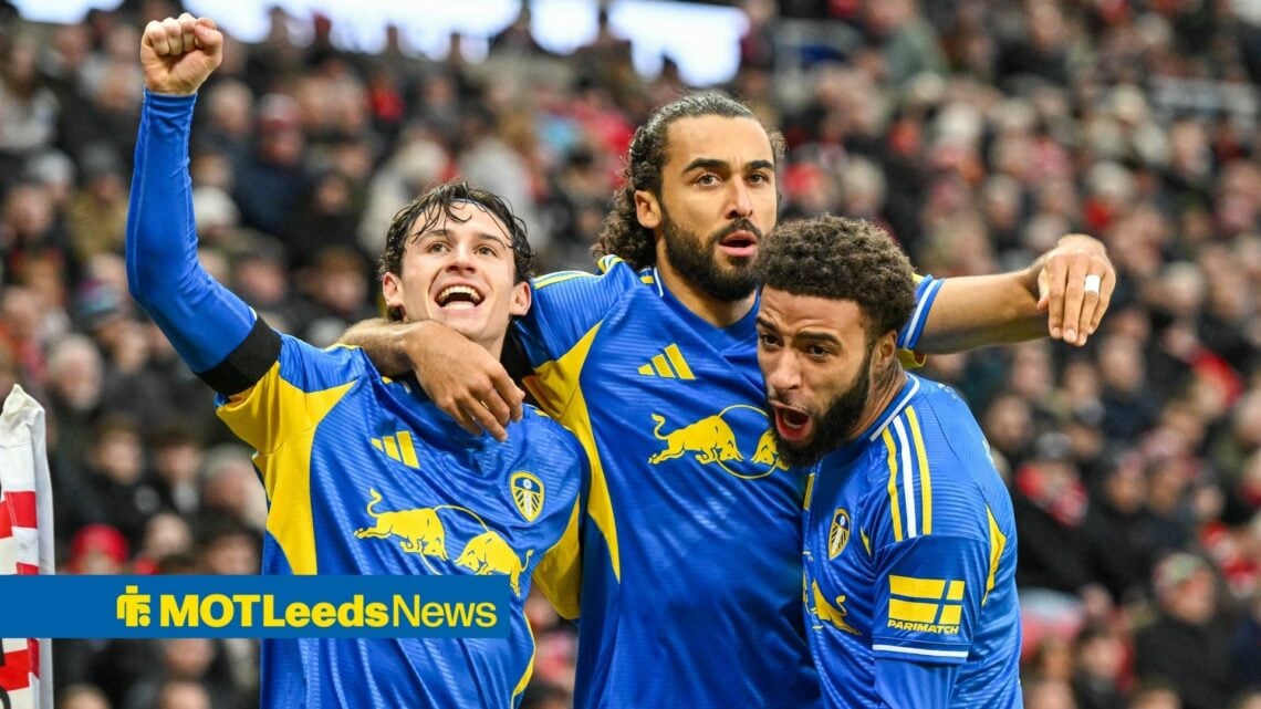 Brendan Aaronson, Dominic Calvert-Lewin and Jayden Bogle celebrate a Leeds goal vs Sunderland
