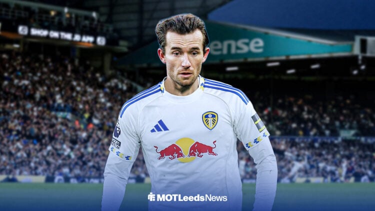 Ben Chilwell in a Leeds United shirt in front of Elland Road.