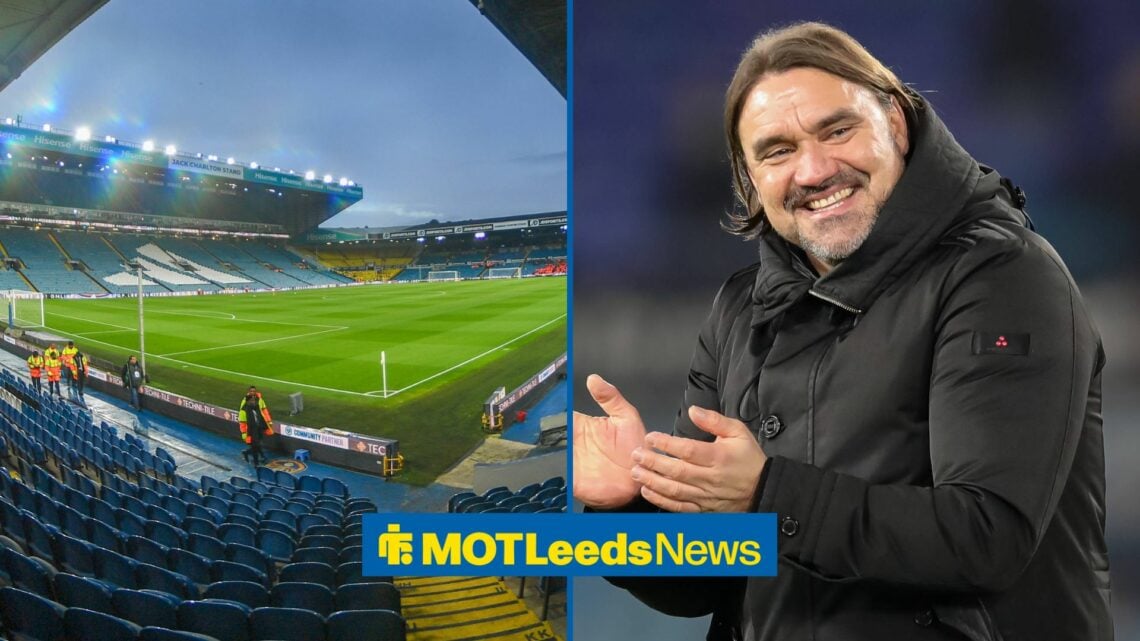 Daniel Farke smiling alongside a picture of an empty Elland Road