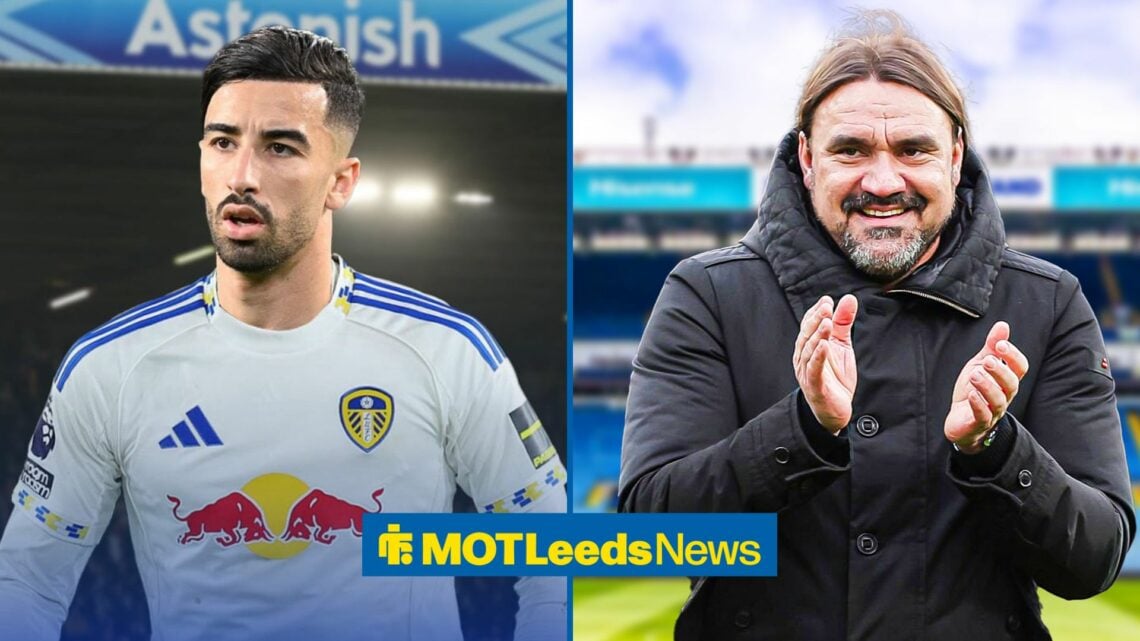 Mohamed Amoura in Leeds shirt and Daniel Farke in front of Elland Road.