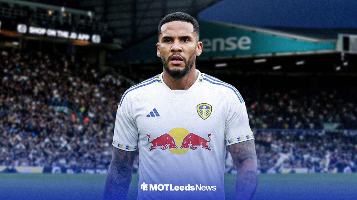 Jamaal Lascelles in Leeds United home kit with Elland Road in the background