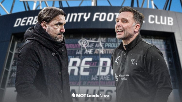 Daniel Farke and John Eustace outside Derby County's Pride Park Stadium.