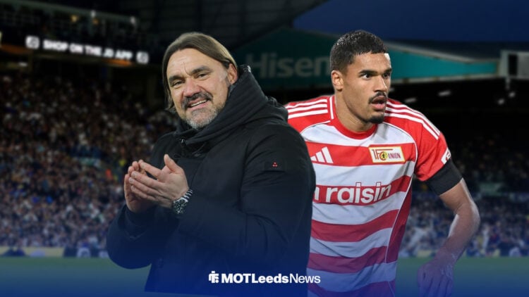 Daniel Farke and Danilho Doekhi in front of Elland Road.