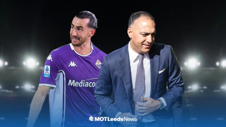 Jack Harrison in Fiorentina kit and Leeds chairman Paraag marathe side by side with Elland Road in the background