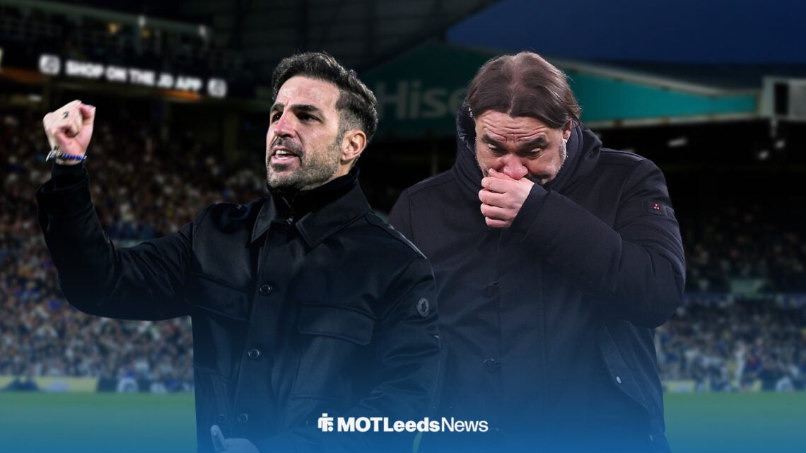 Cesc Fabregas and Daniel Farke with Elland Road in the background