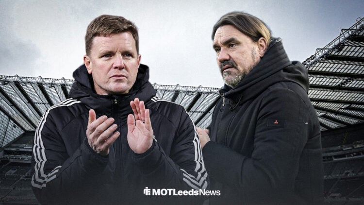 Eddie Howe and Daniel Farke applauding ahead of St James' Park background