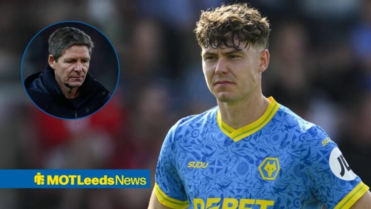 Jorgen Strand Larsen playing for Wolves looking towards a circle inset of Oliver Glasner