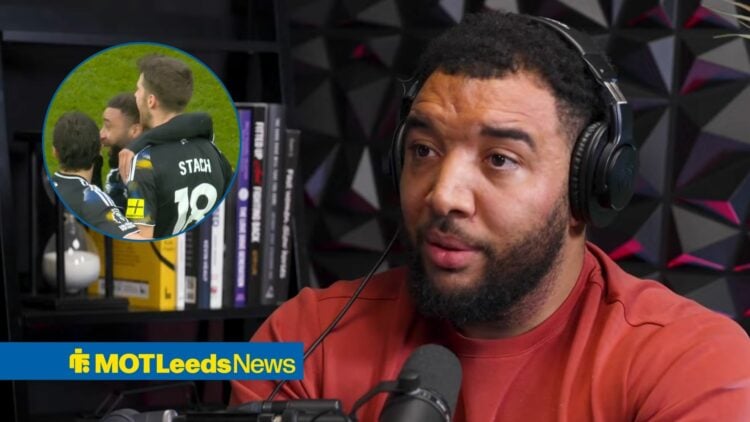 Troy Deeney speaking on a podcast looking towards a circle inset of Anton Stach celebrating against Aston Villa