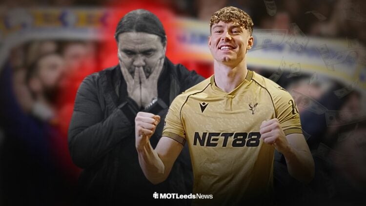 Daniel Farke looking annoyed alongside Jorgen Strand Larsen celebrating in a Crystal Palace shirt