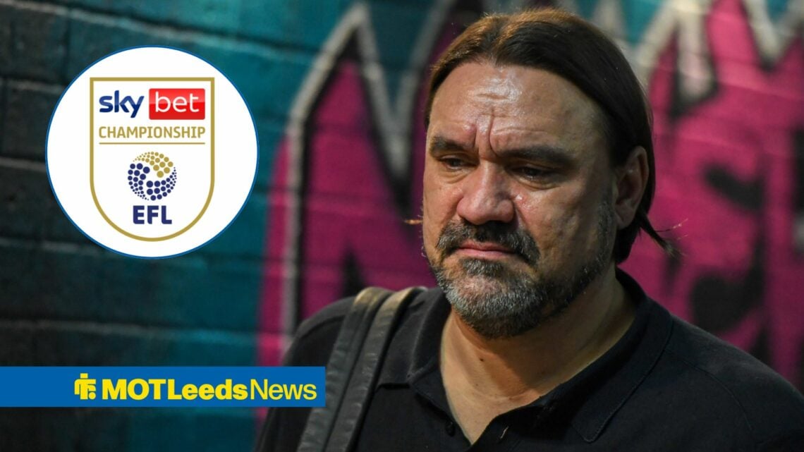 Daniel Farke looking annoyed towards a Championship logo