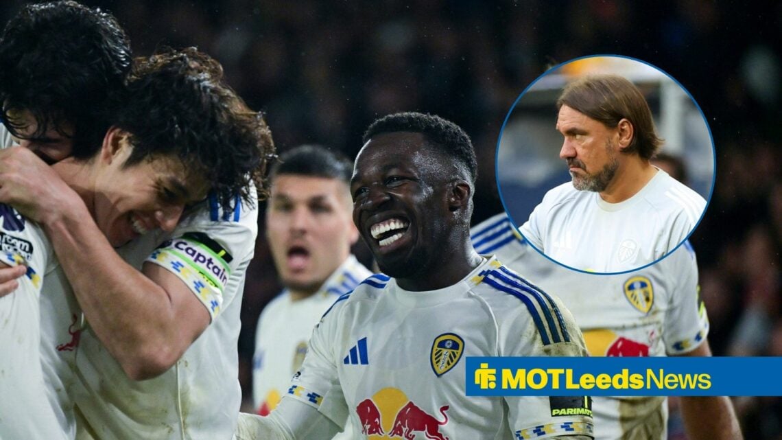 Ao Tanaka celebrates his goal, with Wilfried Gnonto watching on, smiling. Inset picture of Daniel Farke