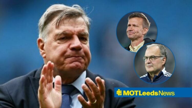 Sam Allardyce grimly applauds the fans, with a smiling Jesse Marsch and Marcelo Bielsa inset