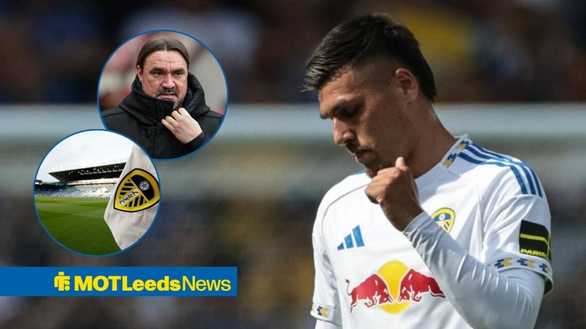 Daniel Farke looking unhappy in the direction of Joel Piroe and Elland Road in the background.