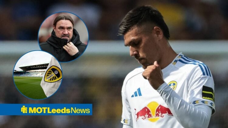 Daniel Farke looking unhappy in the direction of Joel Piroe and Elland Road in the background.