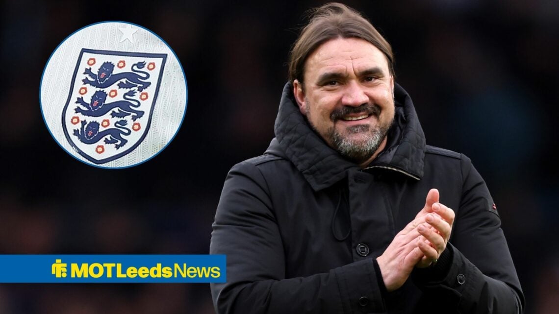 Leeds United manager Daniel Farke clapping with England badge in circular inset.
