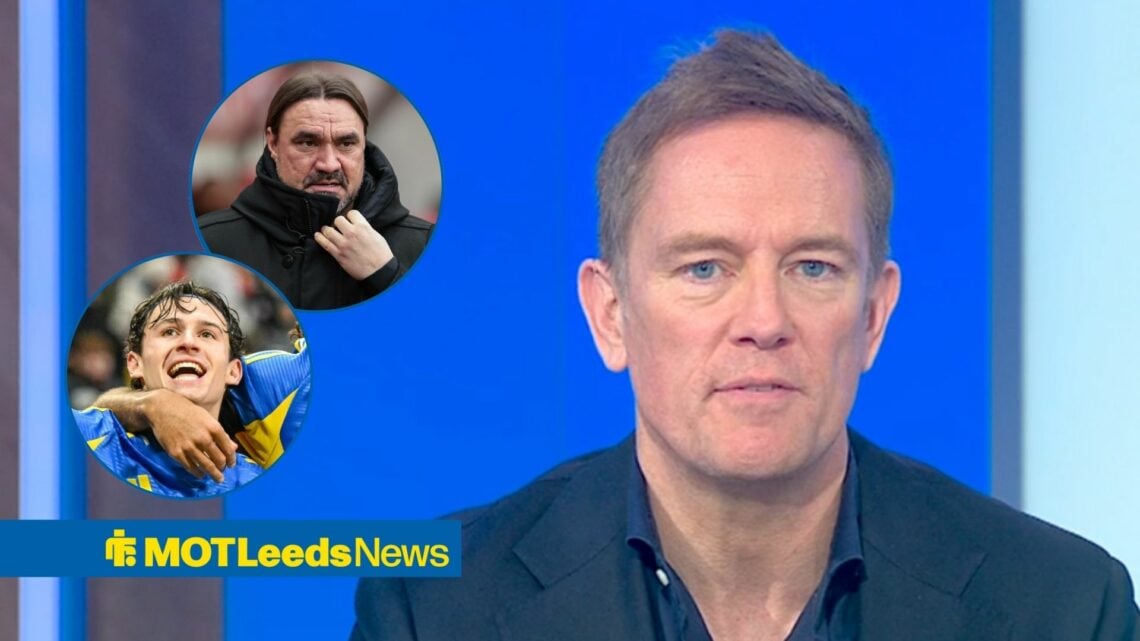 Daniel Farke managing Leeds United in a Premier League match looking at Simon Thomas speaking on Sky Sports News. Farke in small inset with a happy...