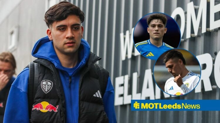 Leeds United's Facundo Buonanotte walking into Elland Road with Dan James and Joel Piroe in circular insets