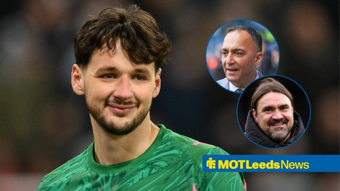 James Trafford centre of an image while playing for Manchester City in the Semi-final of the Carabao Cup in January of 2026, while Leeds United's P...