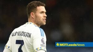 Gabriel Gudmundsson playing for Leeds United vs Aston Villa in November