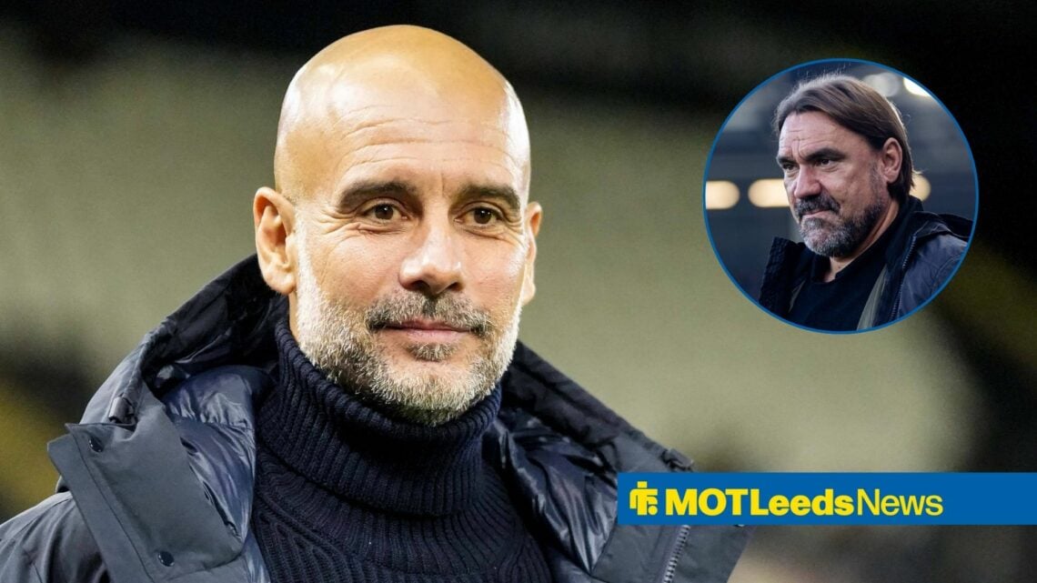 Pep Guardiola smiling alongside a circle inset of Daniel Farke.
