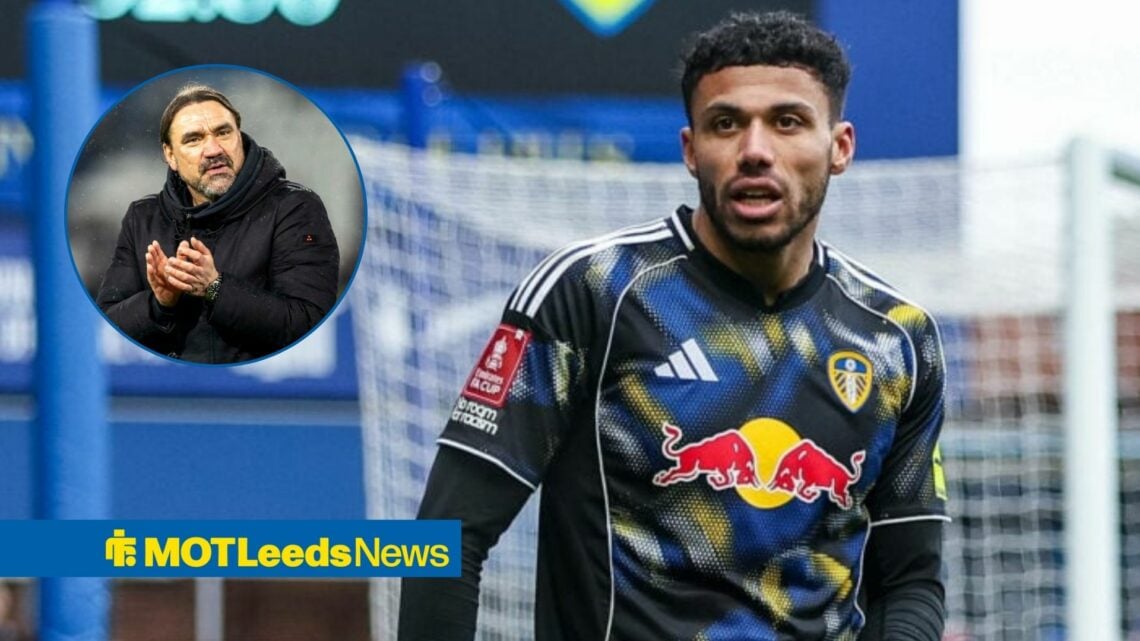 James Justin in action for Leeds, with Daniel Farke in a circular frame inset