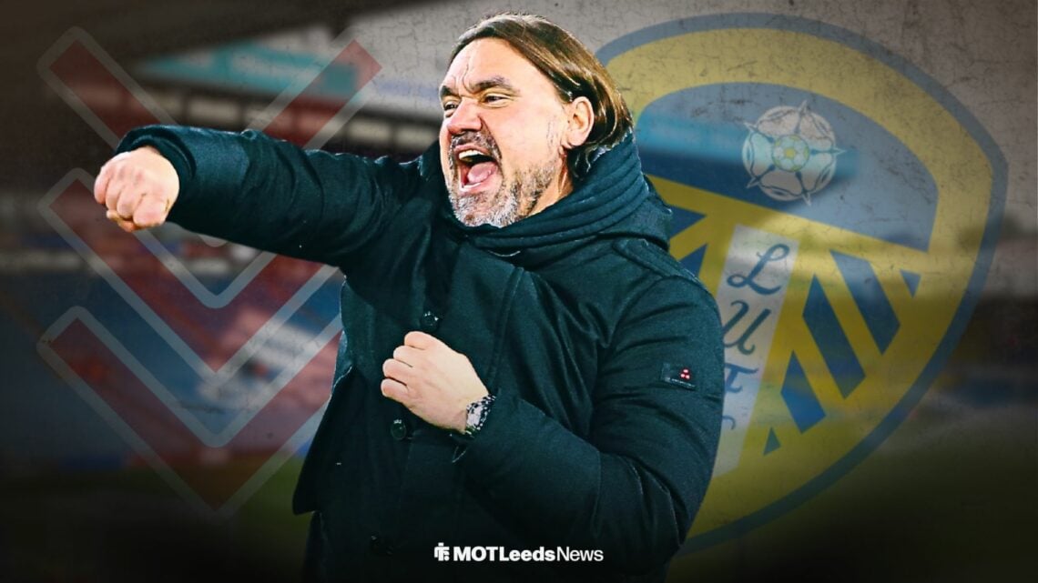 Daniel Farke celebrating for Leeds United alongside a Leeds United badge and downward arrows