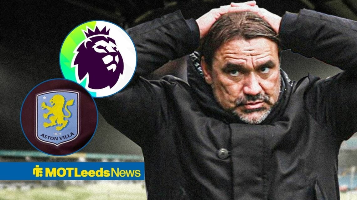 Daniel Farke with his hands on his head looking towards a circle inset of the Premier League logo and the Aston Villa badge
