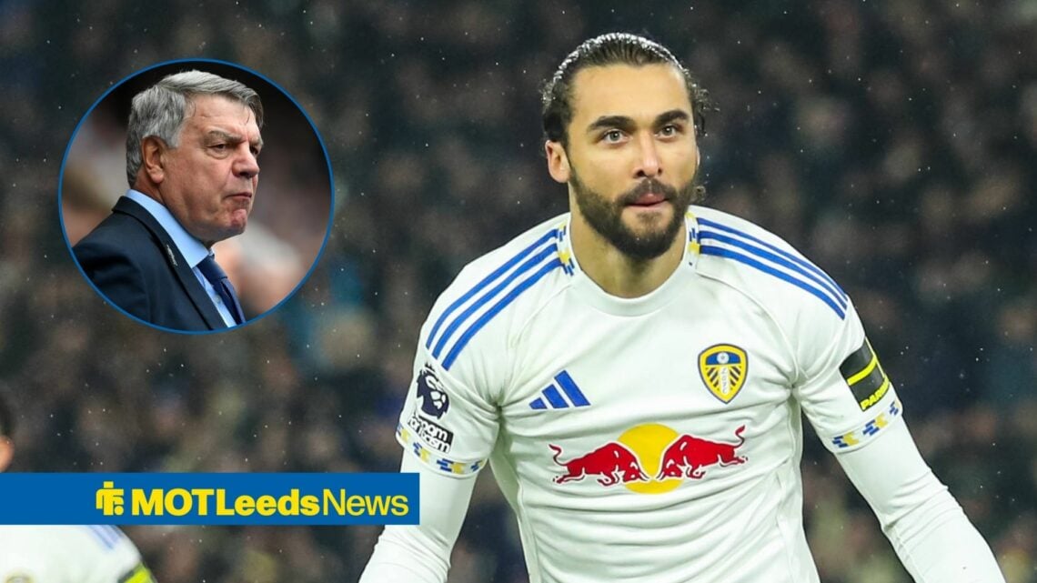 Dominic Calvert-Lewin celebrating at Leeds United looking towards a circle inset of Sam Allardyce