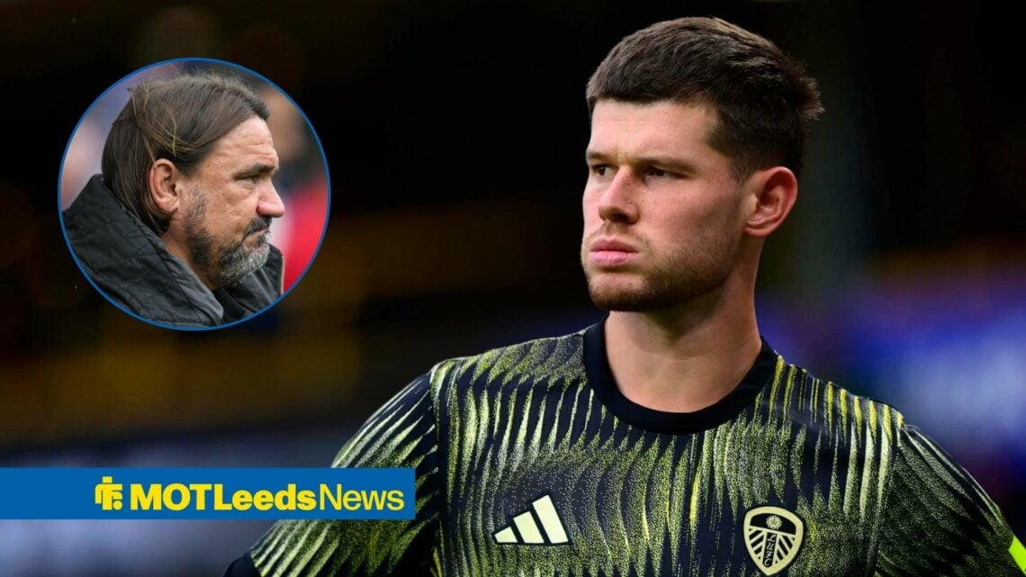 Illan Meslier in training for Leeds United looking towards a circle inset of Daniel Farke