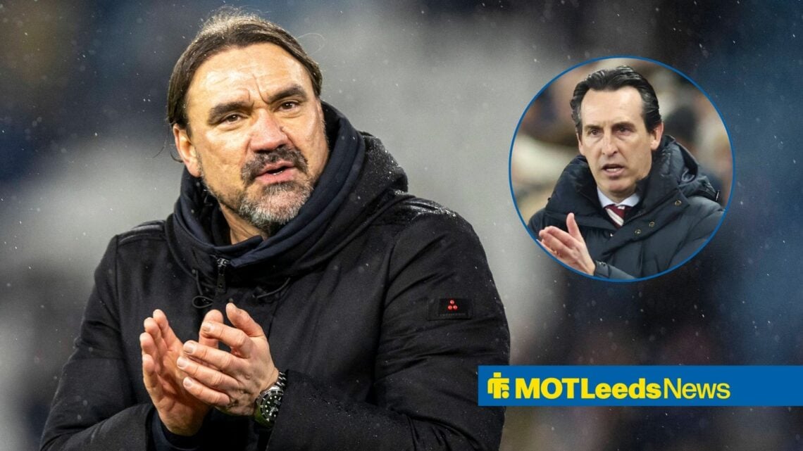 Leeds United boss Daniel Farke claps and inset Aston Villa manager Unai Emery points