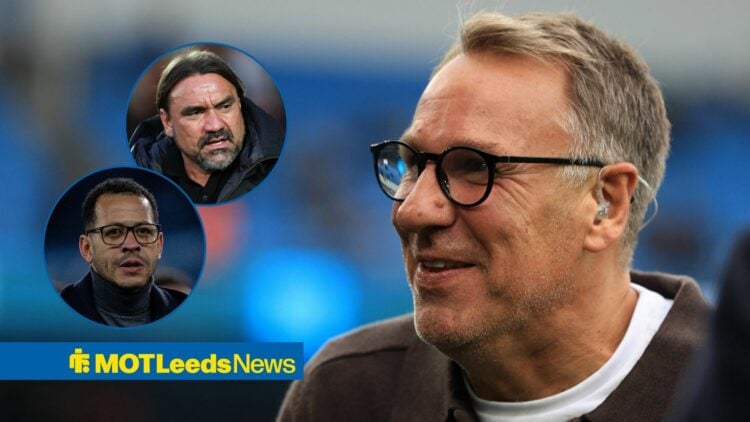 Paul Merson looking towards two circle insets of Daniel Farke and Liam Rosenior